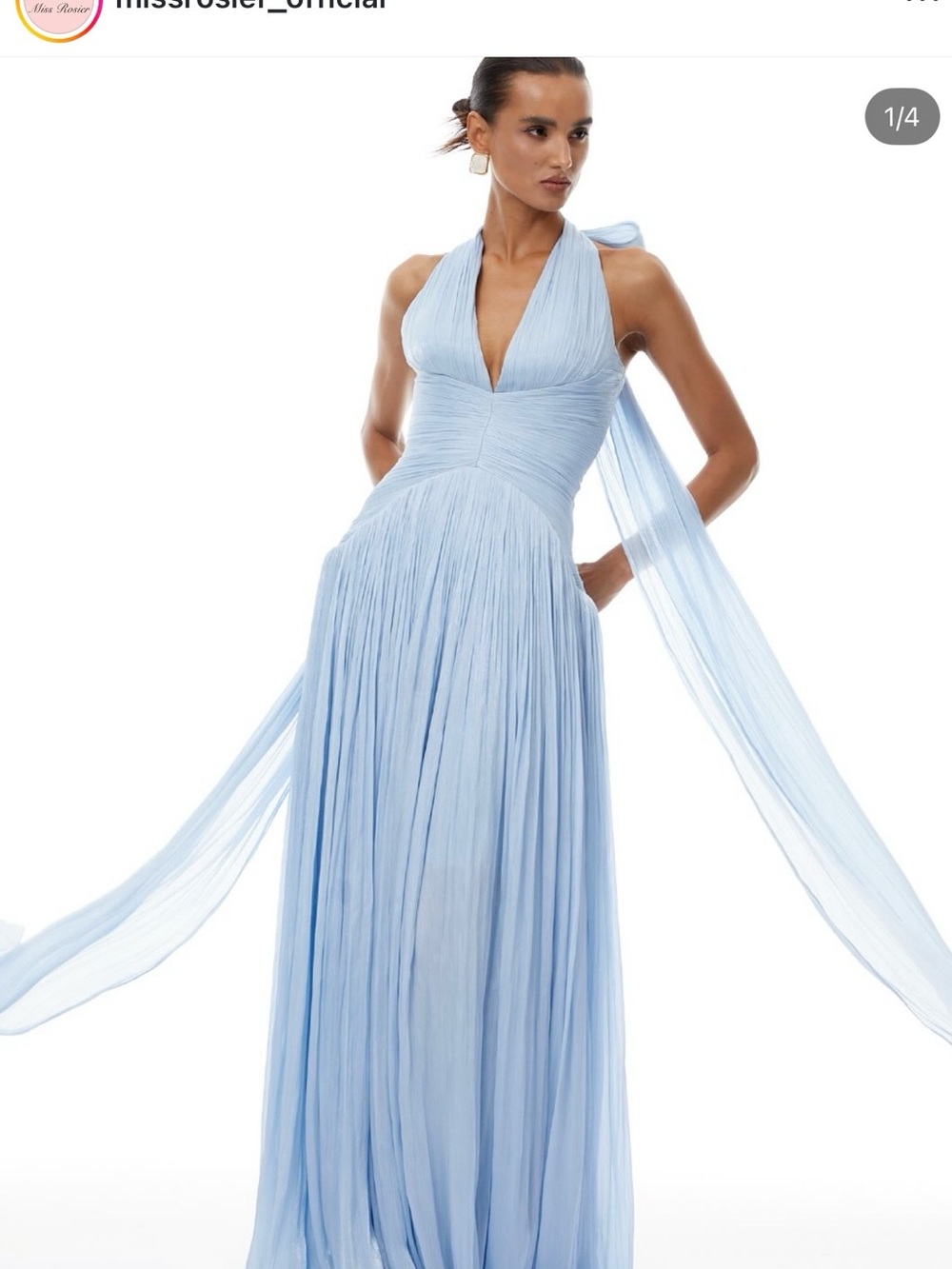 Miss Rossi Pale Blue Halter Pleated Maxi Dress
